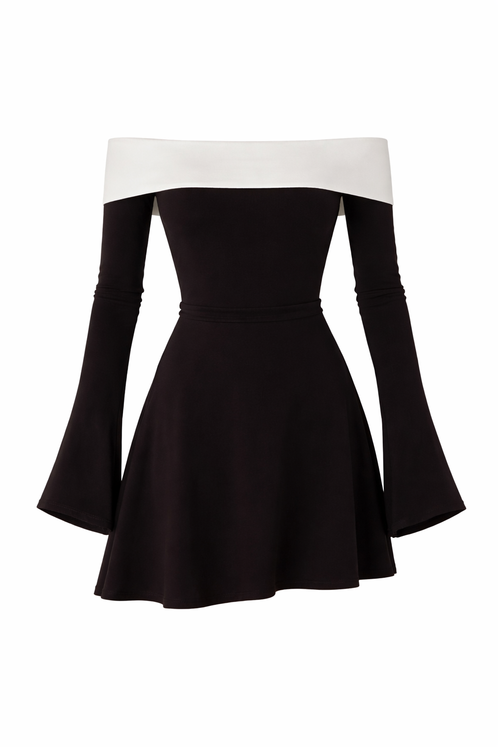 Elegance Contrast Off-Shoulder Bell-Sleeve Mini Dress