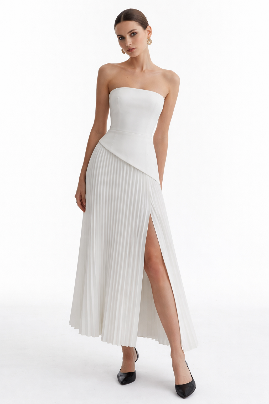 Elegance Cascade Strapless Pleated Midi Dress