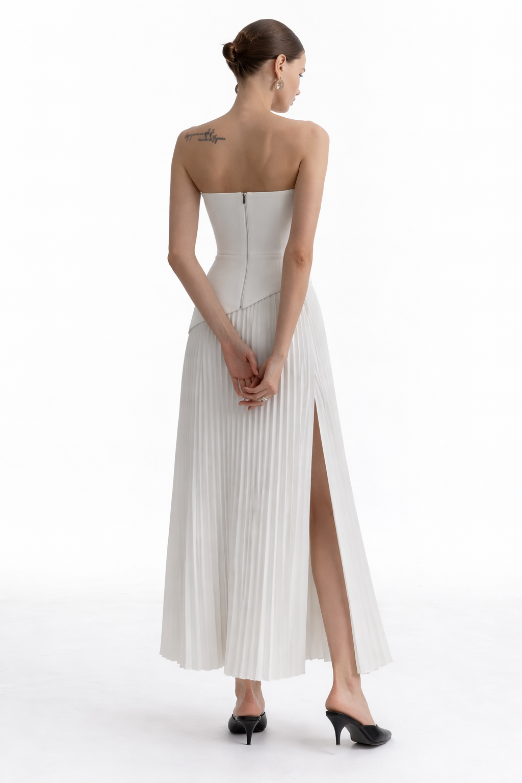 Elegance Cascade Strapless Pleated Midi Dress