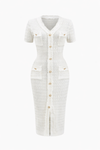 Ivory Tweed Button-Front Midi Dress with Fringe Trim