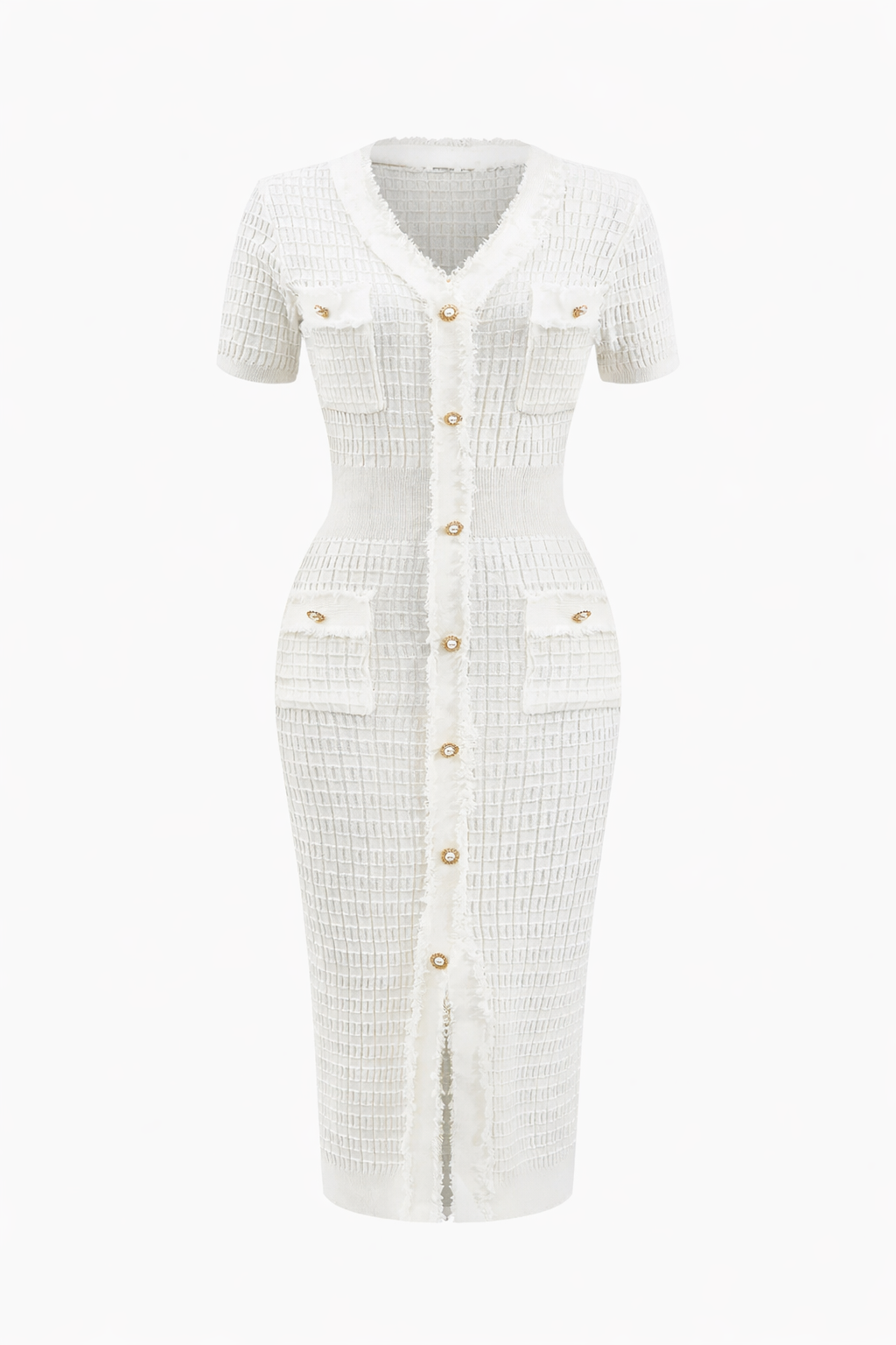 Ivory Tweed Button-Front Midi Dress with Fringe Trim
