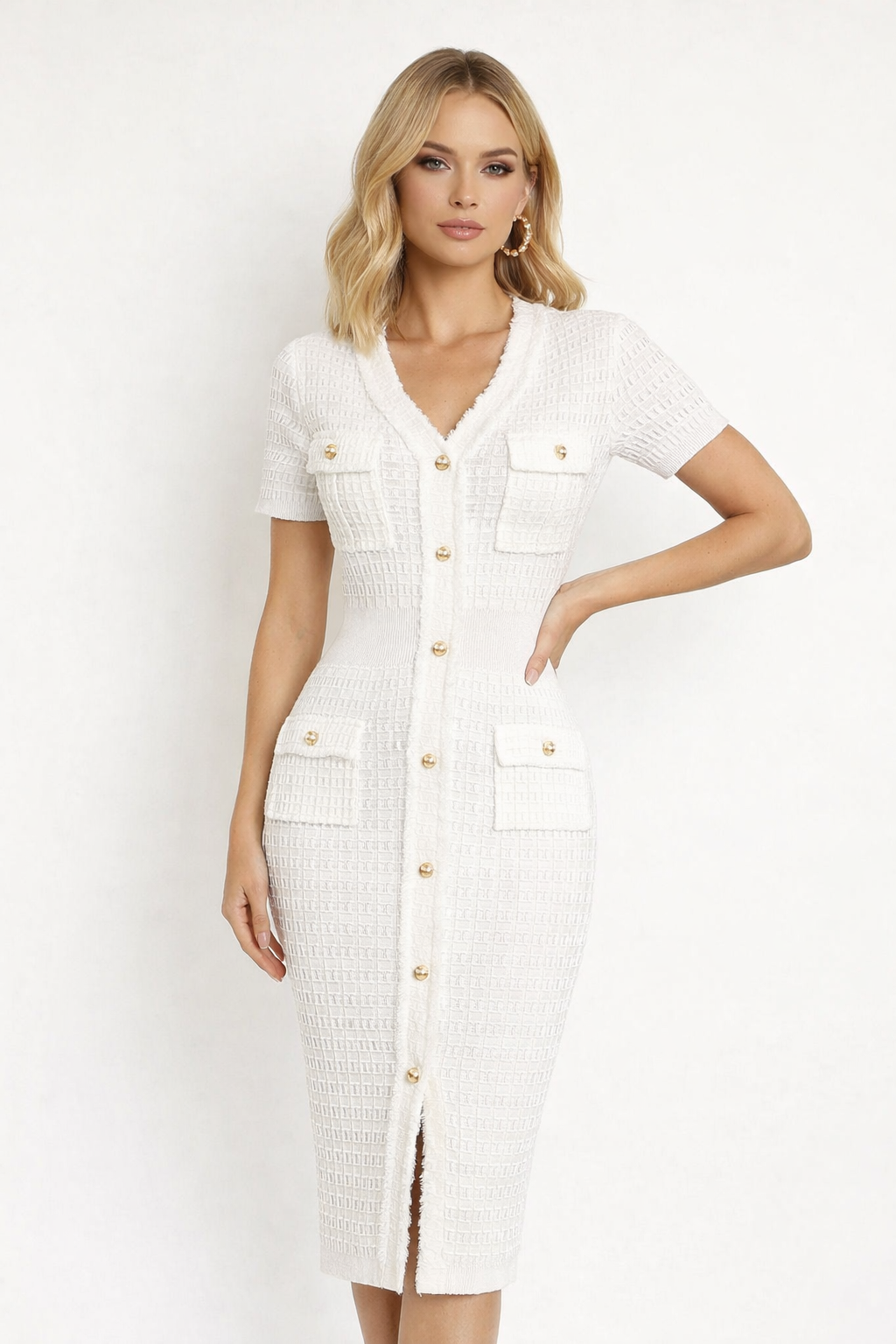 Ivory Tweed Button-Front Midi Dress with Fringe Trim