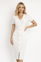 Ivory Tweed Button-Front Midi Dress with Fringe Trim
