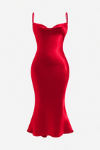 Satin Cowl-Neck Open-Back Midi Dress (Red)