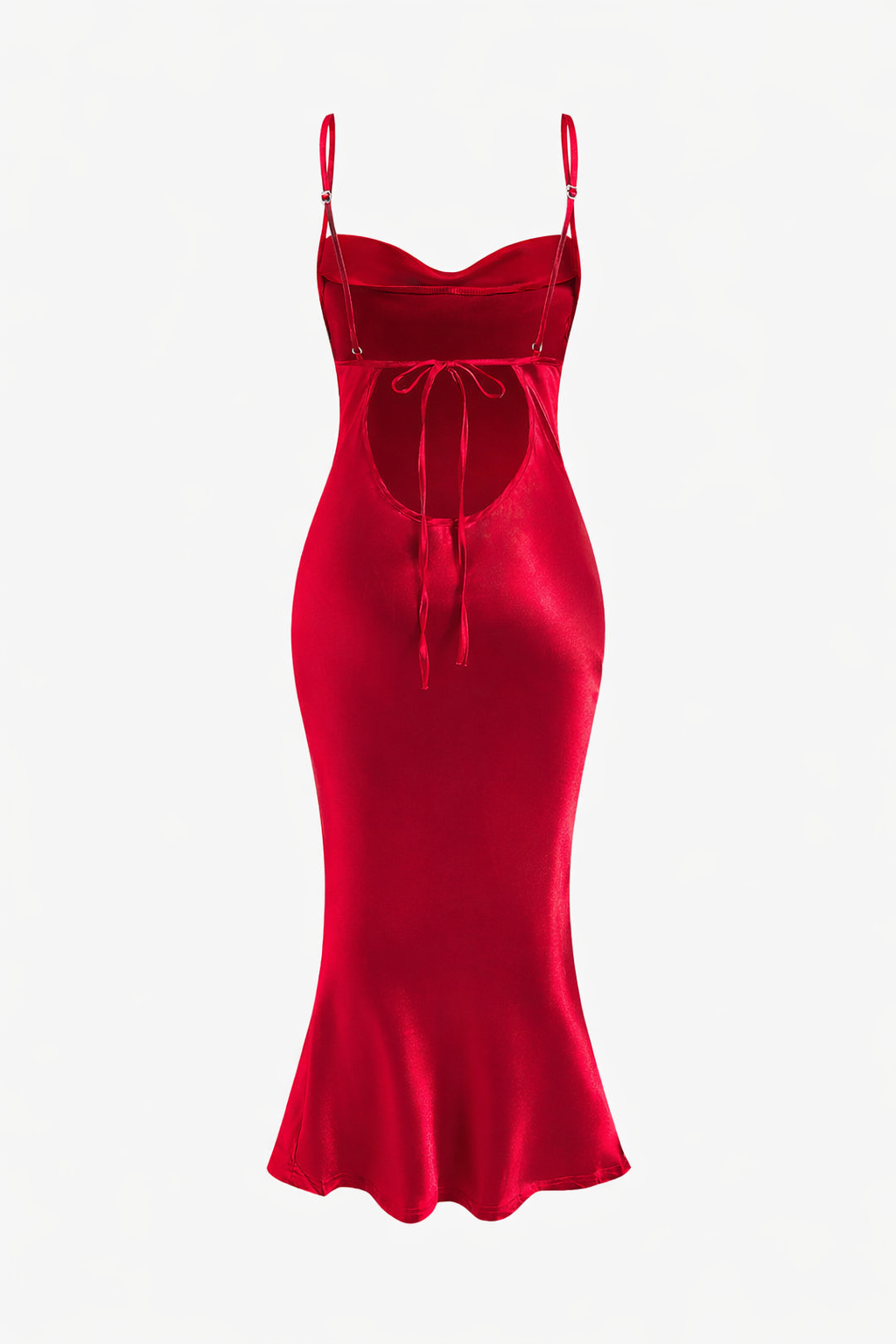 Satin Cowl-Neck Open-Back Midi Dress (Red)