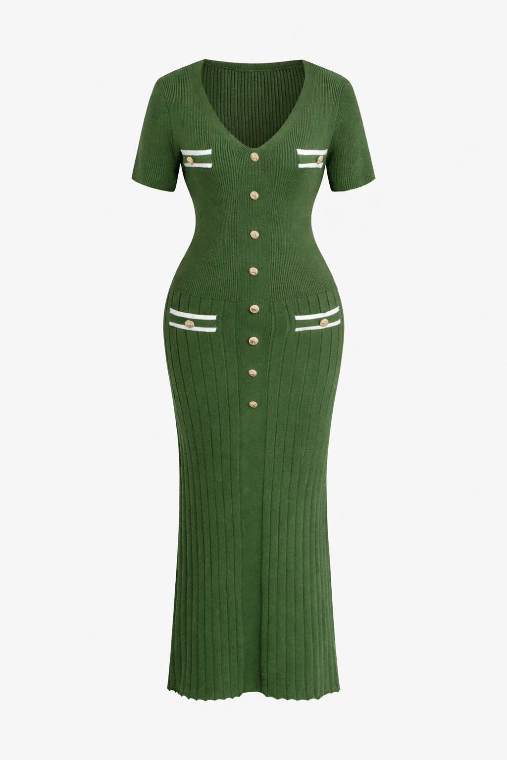 Olive Ribbed Knit Button-Front Midi Dress