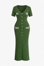 Olive Ribbed Knit Button-Front Midi Dress