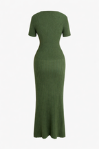 Olive Ribbed Knit Button-Front Midi Dress