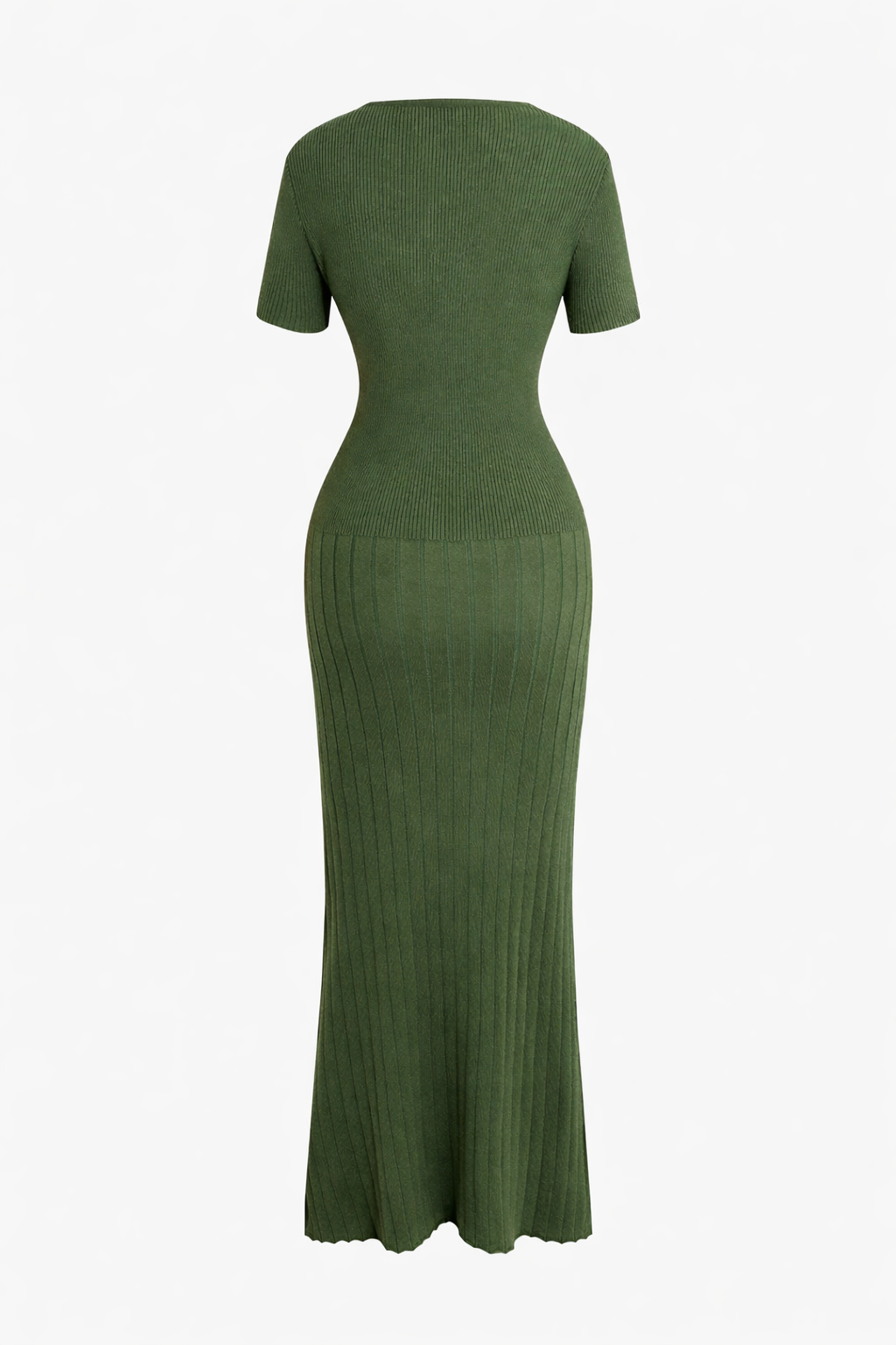 Olive Ribbed Knit Button-Front Midi Dress