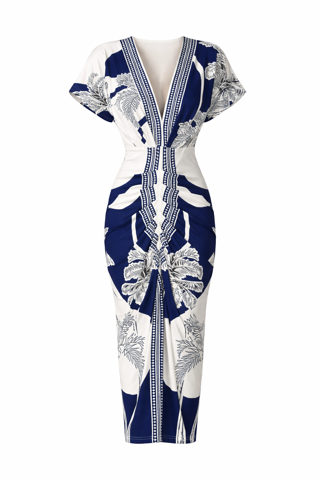 Navy Tropical Wrap Midi Dress