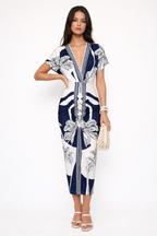 Navy Tropical Wrap Midi Dress