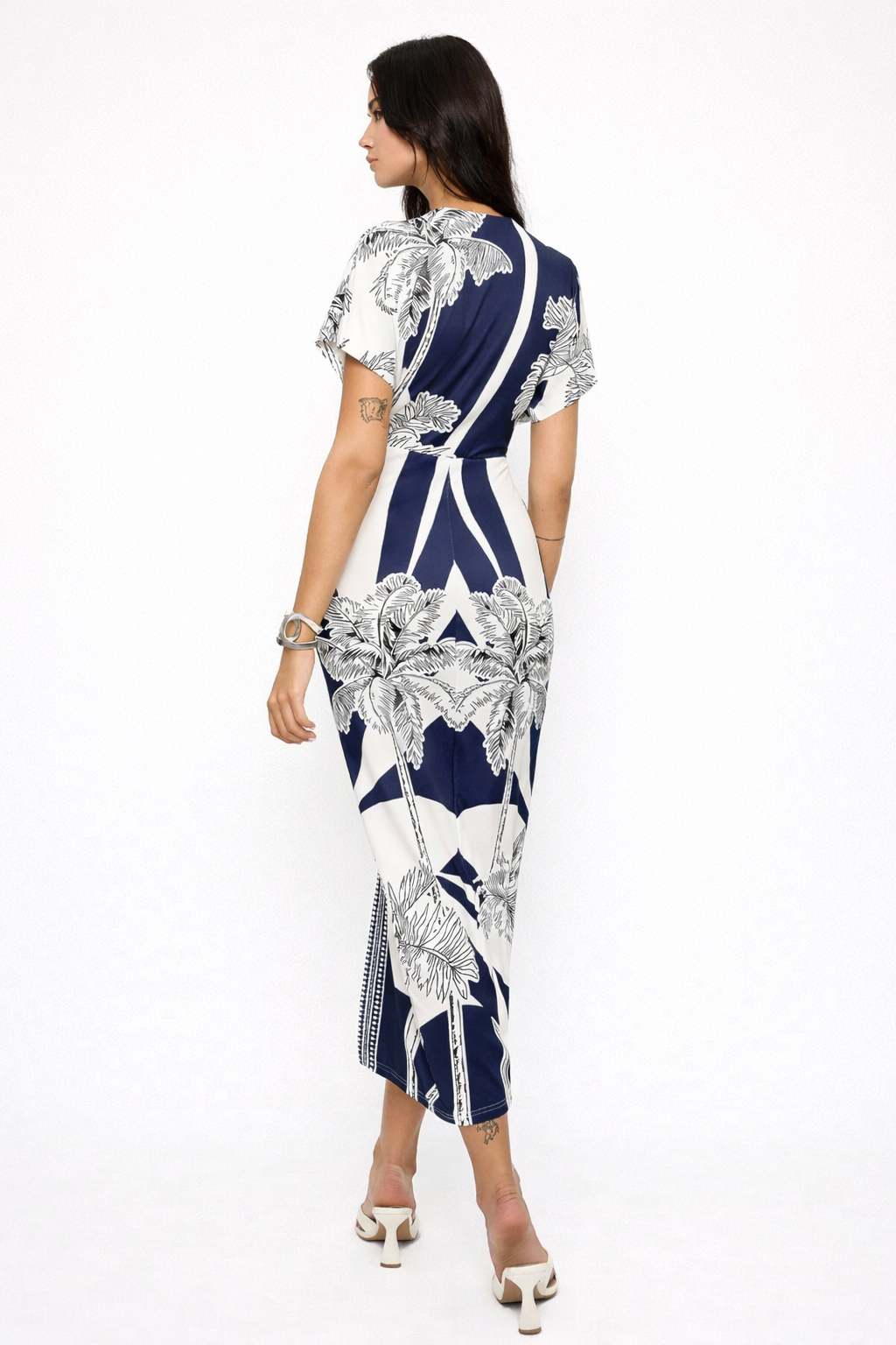 Navy Tropical Wrap Midi Dress