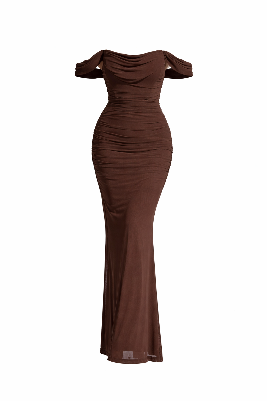 Chocolate Off-Shoulder Ruched Bodycon Maxi Dress