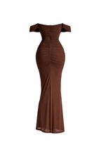Chocolate Off-Shoulder Ruched Bodycon Maxi Dress