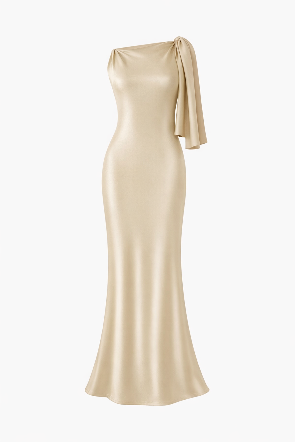 Champagne One-Shoulder Satin Sash Maxi Dress – Aussora