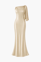 Champagne One-Shoulder Satin Sash Maxi Dress