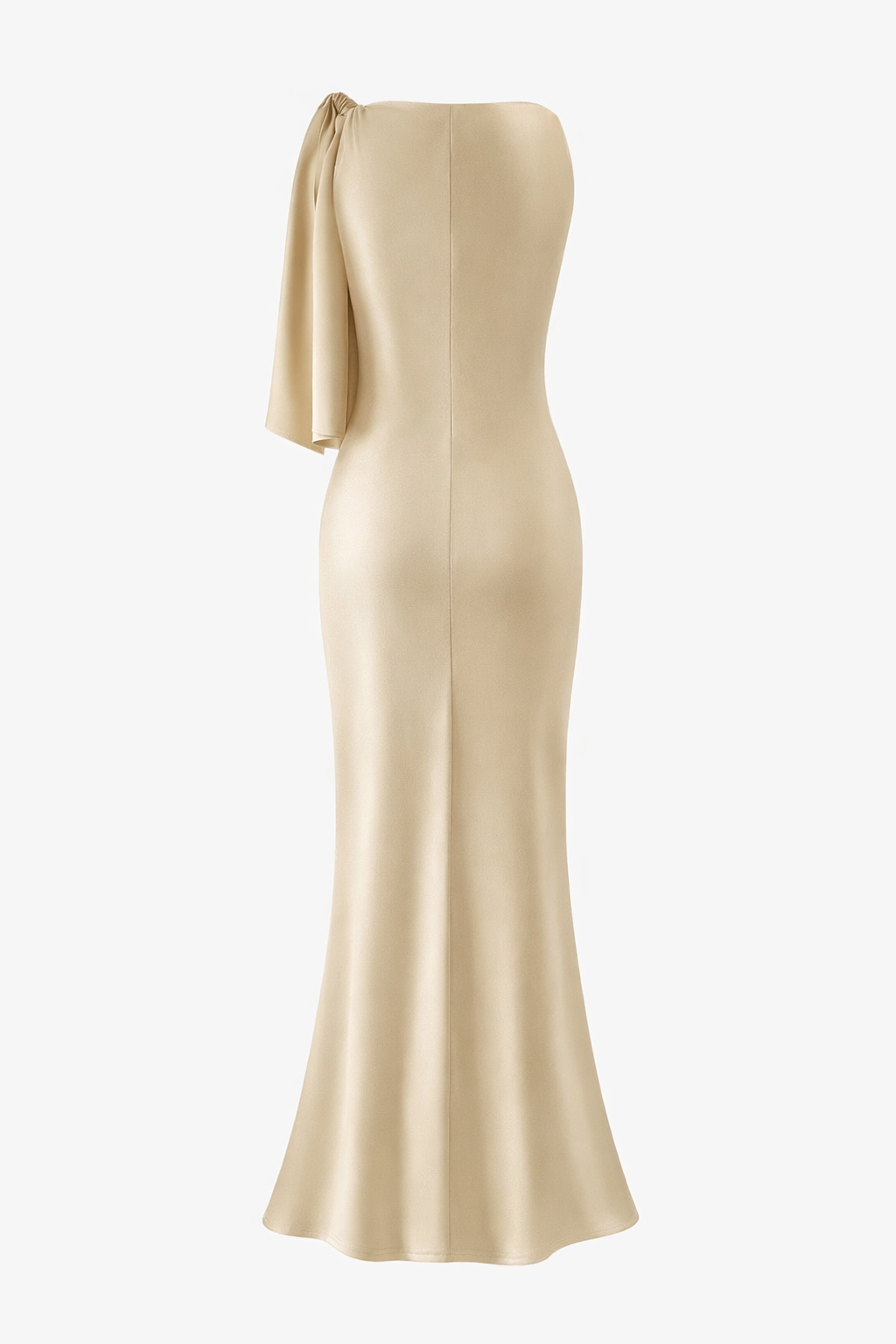 Champagne One-Shoulder Satin Sash Maxi Dress