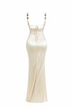 Embellished Strap Tie-Back Satin Maxi Dress