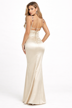 Embellished Strap Tie-Back Satin Maxi Dress