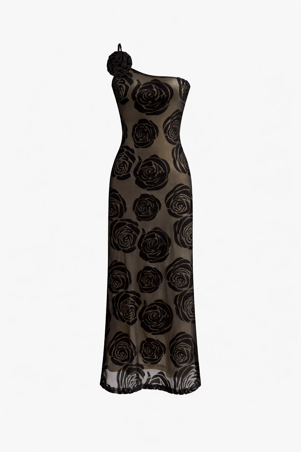 Midnight Rose One-Shoulder Sheer Mesh Maxi Dress
