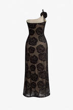 Midnight Rose One-Shoulder Sheer Mesh Maxi Dress