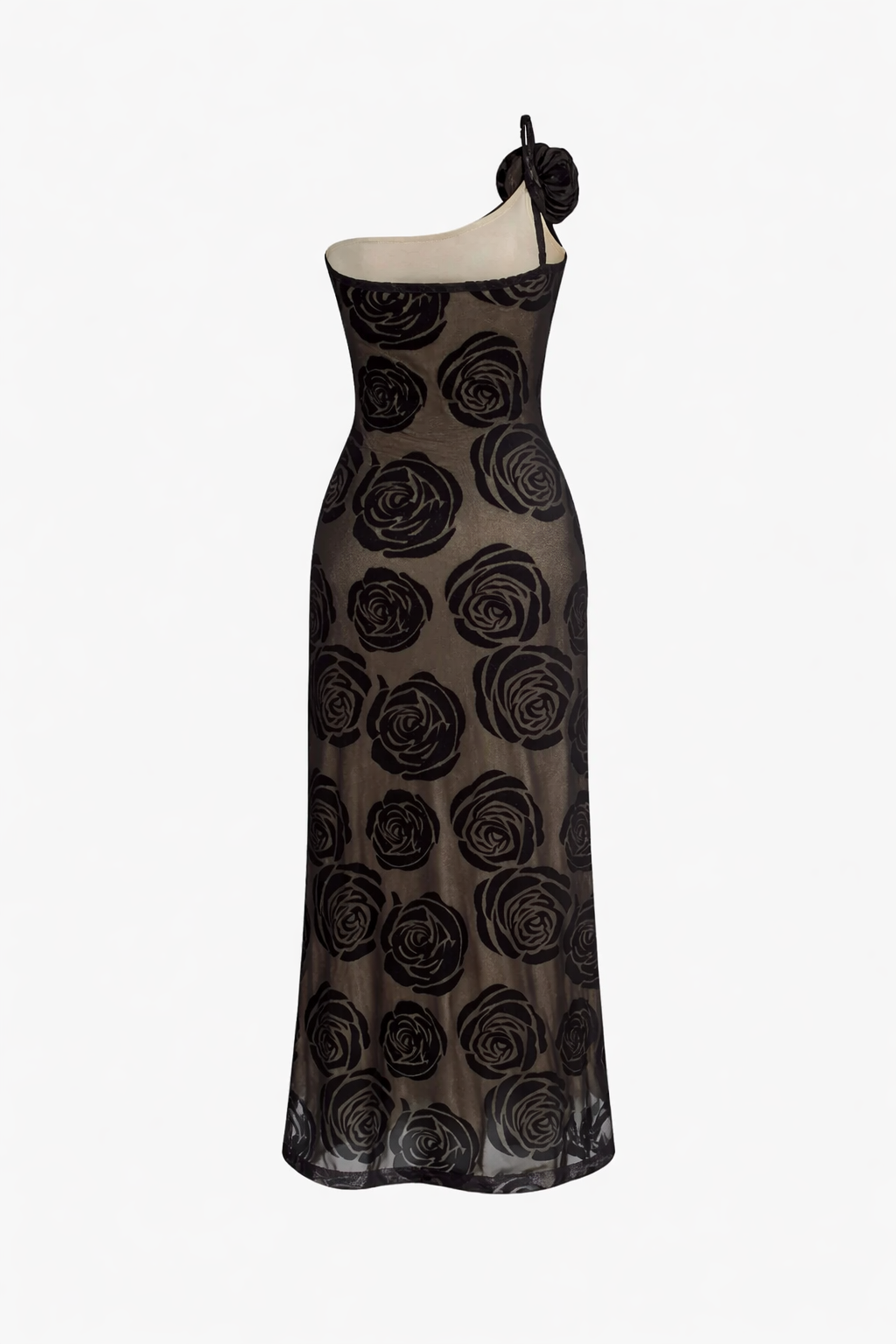 Midnight Rose One-Shoulder Sheer Mesh Maxi Dress