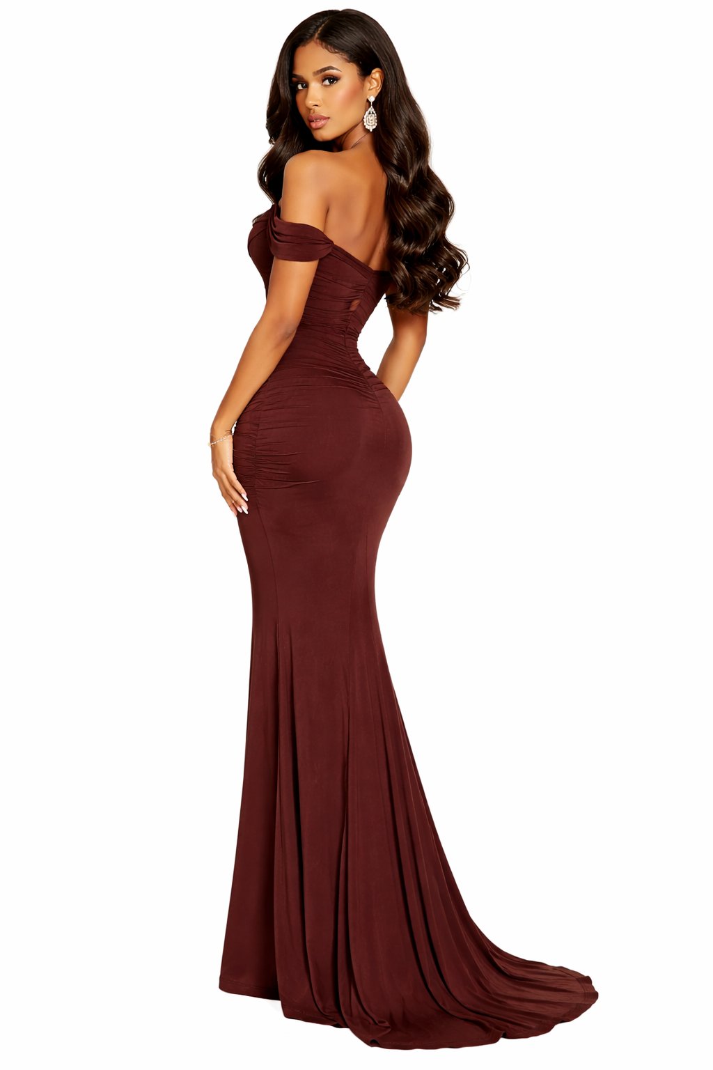 Chocolate Off-Shoulder Ruched Bodycon Maxi Dress