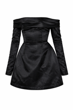 Midnight Satin Off-Shoulder Mini Dress