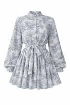 Grey Toile Tie-Waist Lantern Sleeve Mini Dress