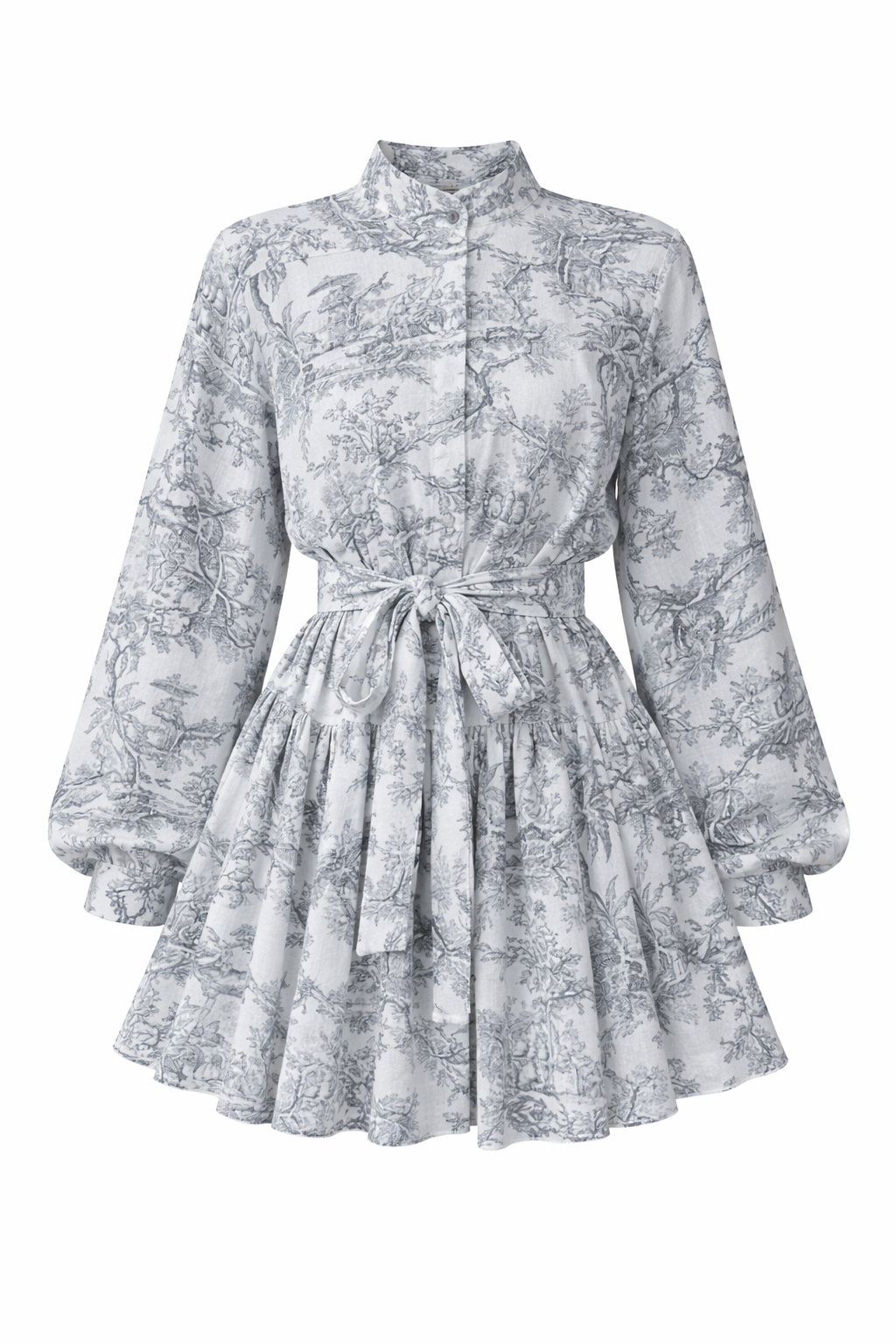 Grey Toile Tie-Waist Lantern Sleeve Mini Dress