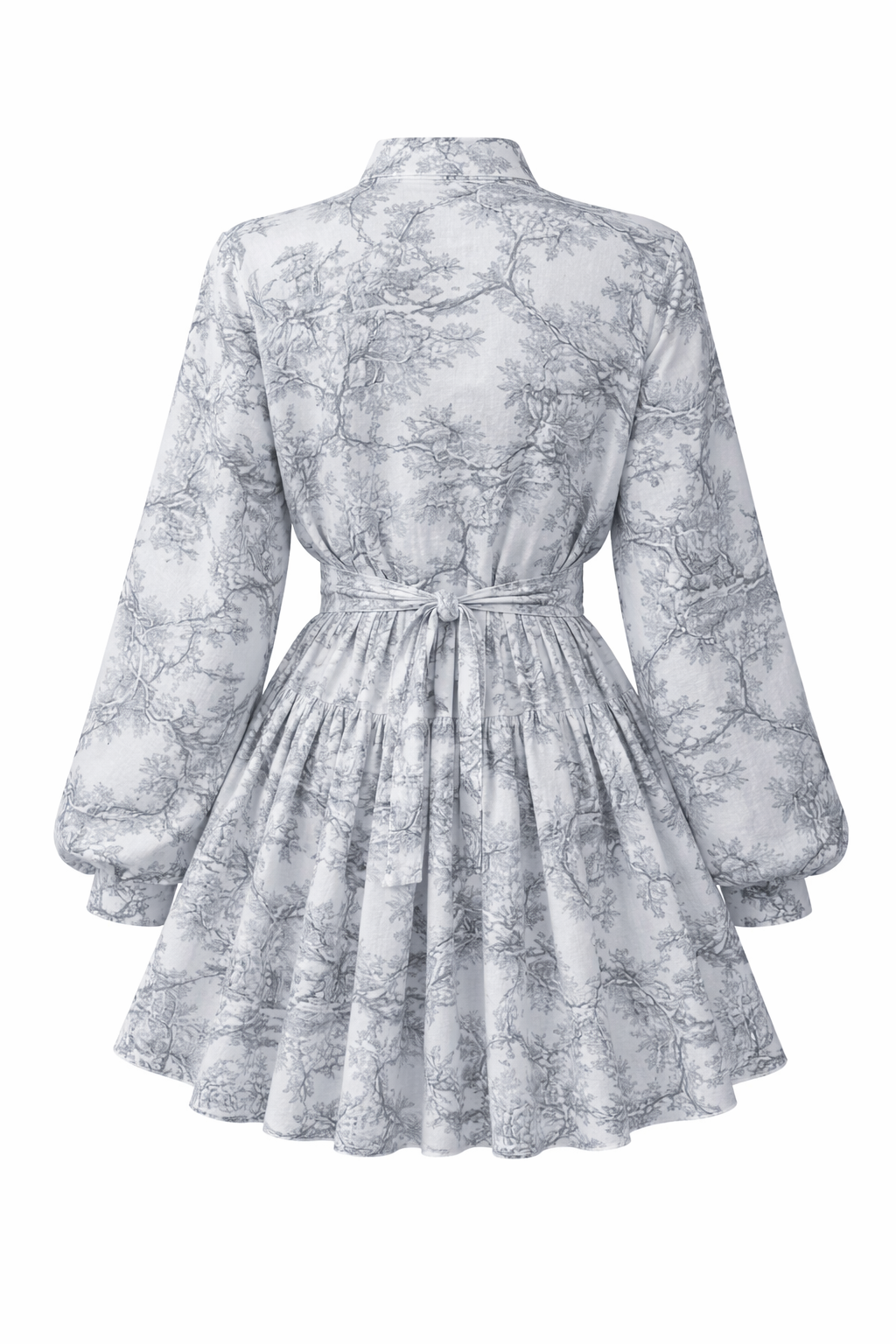 Grey Toile Tie-Waist Lantern Sleeve Mini Dress
