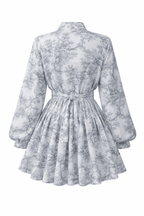 Grey Toile Tie-Waist Lantern Sleeve Mini Dress