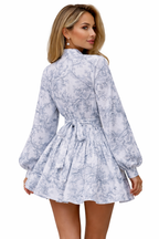 Grey Toile Tie-Waist Lantern Sleeve Mini Dress