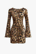 Leopard Print Open-Back Bell Sleeve Mini Dress