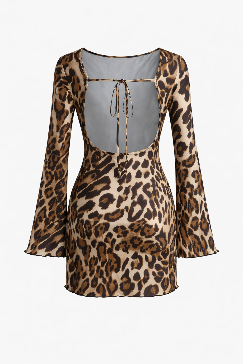 Leopard Print Open-Back Bell Sleeve Mini Dress