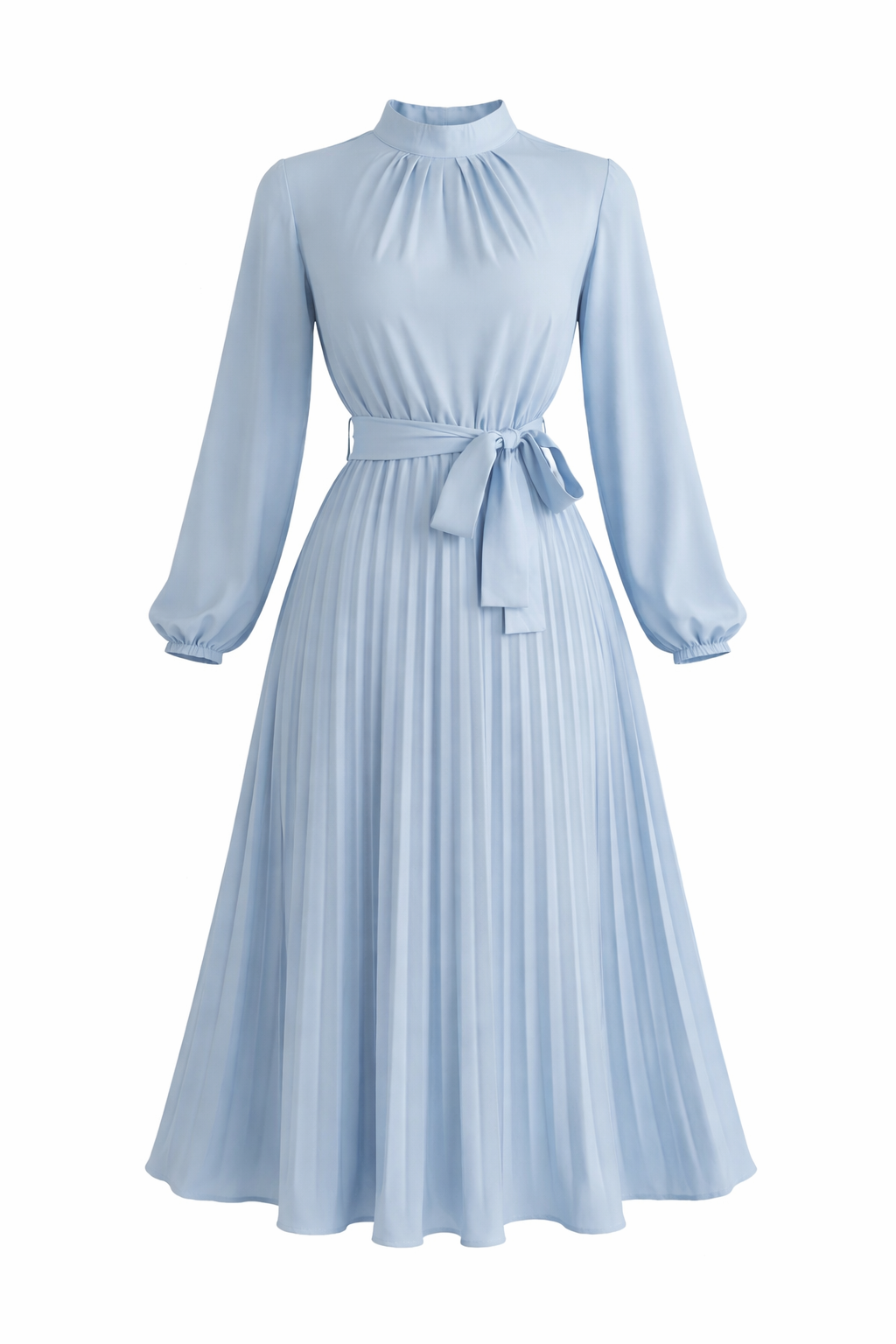 Skyline Grace Pleated Belted Midi Dress (Light Blue)