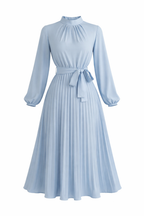 Skyline Grace Pleated Belted Midi Dress (Light Blue)