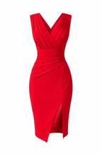 Scarlet Ruched V-Neck Midi Dress with Side Slit