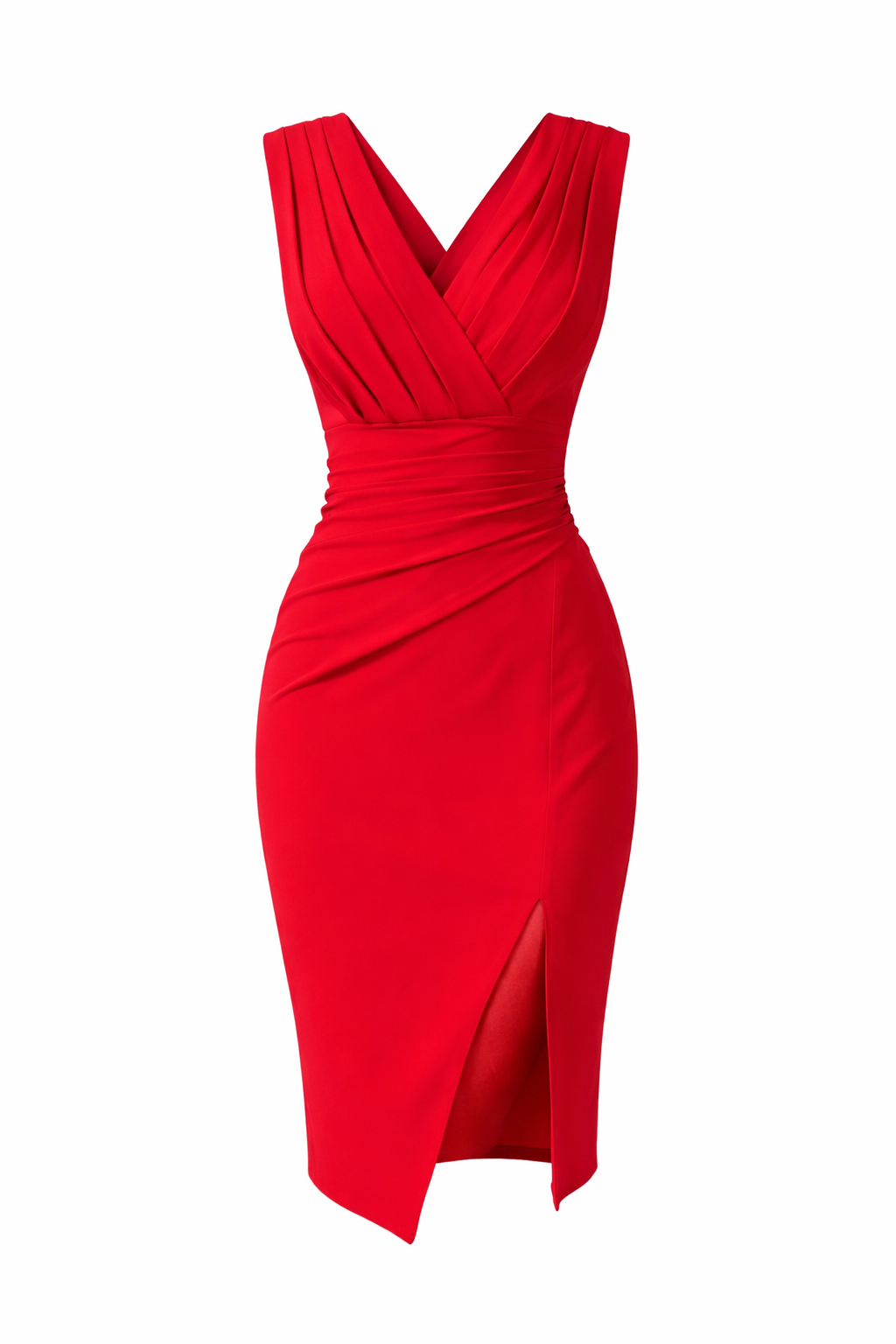 Scarlet Ruched V-Neck Midi Dress with Side Slit