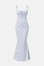 Tie-Shoulder Blue Floral Fishtail Maxi Dress