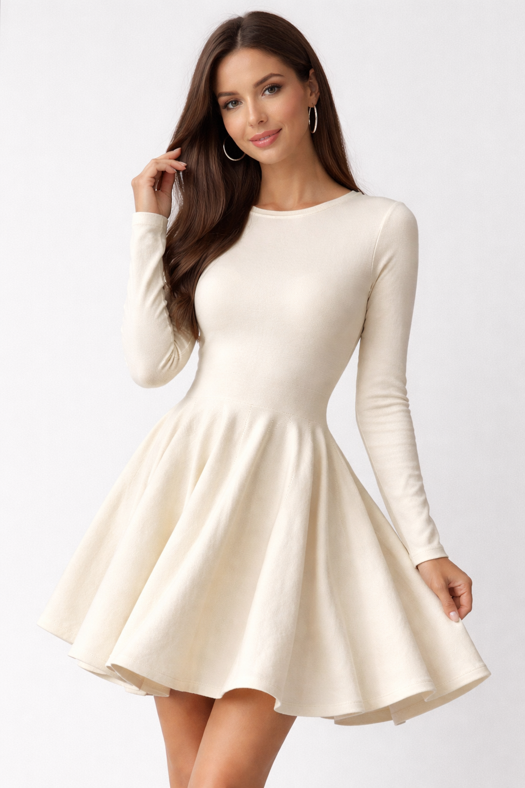 Ivory Long-Sleeve Fit & Flare Skater Dress