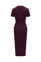 Burgundy Ribbed Polo Collar Midi Dress