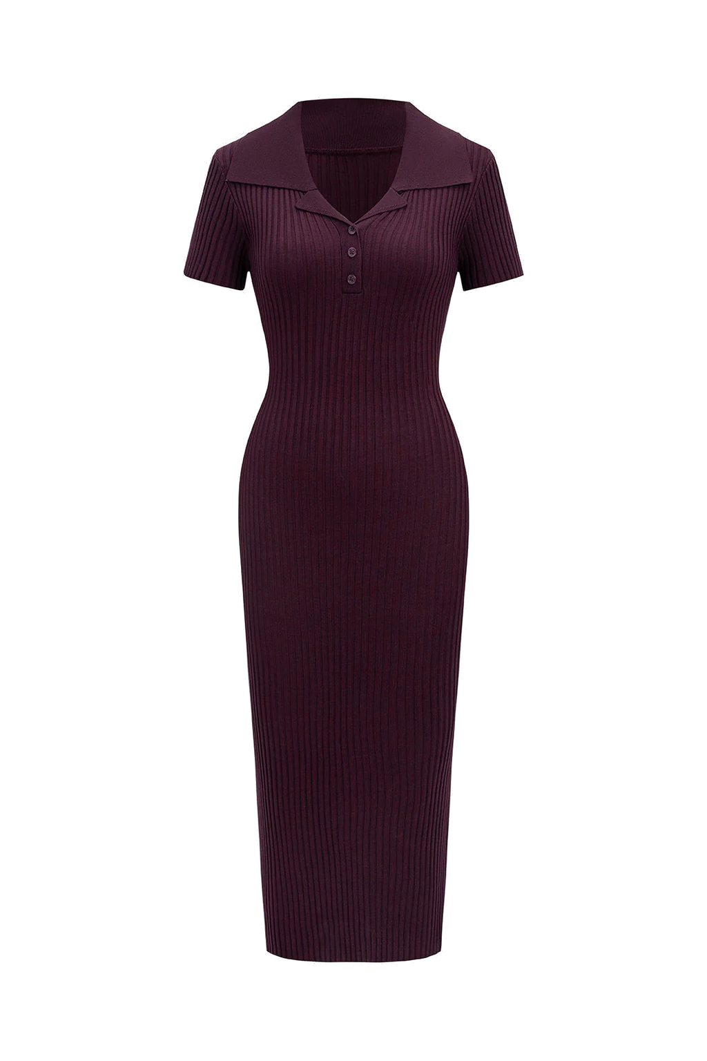 Burgundy Ribbed Polo Collar Midi Dress