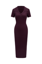 Burgundy Ribbed Polo Collar Midi Dress