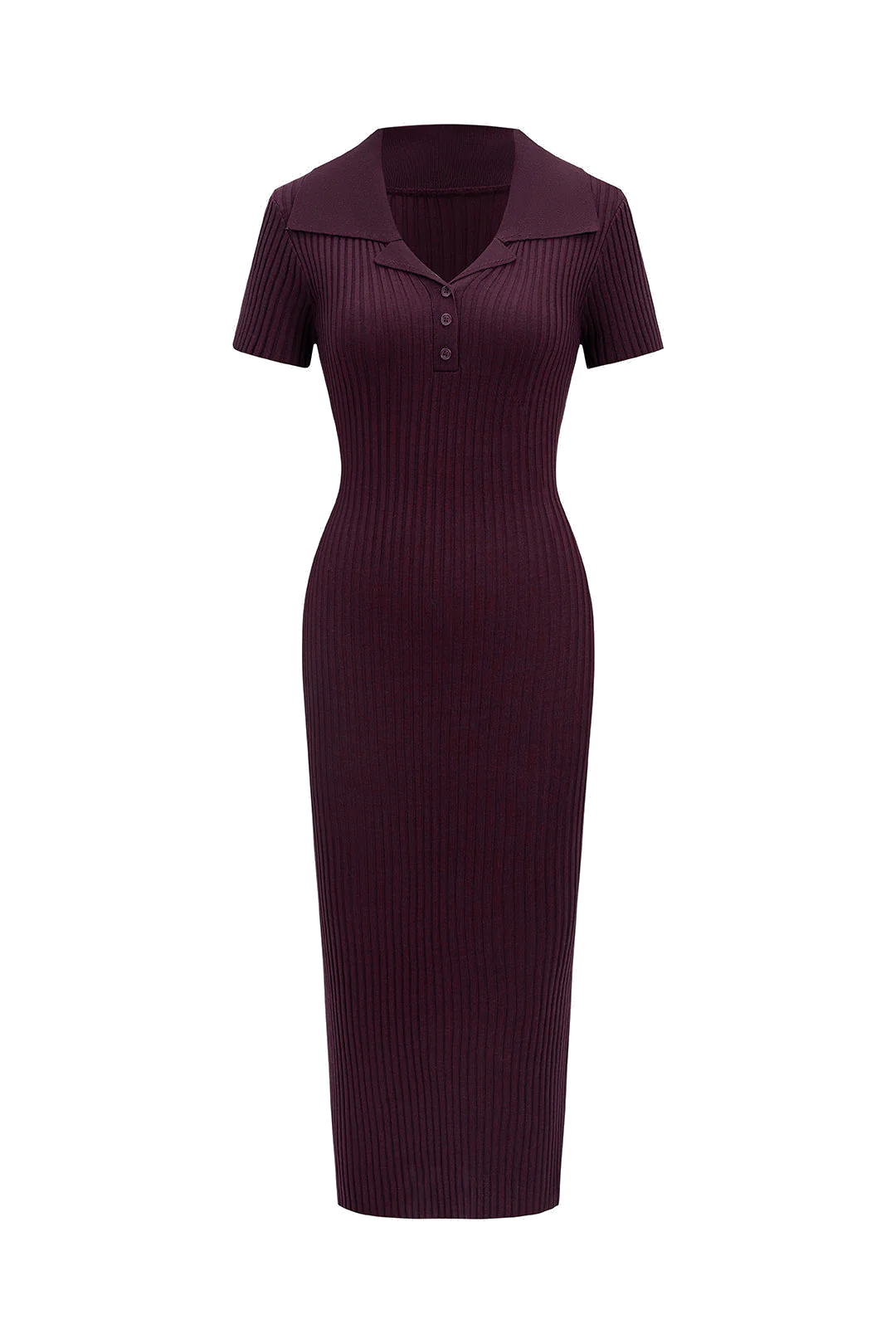 Burgundy Ribbed Polo Collar Midi Dress